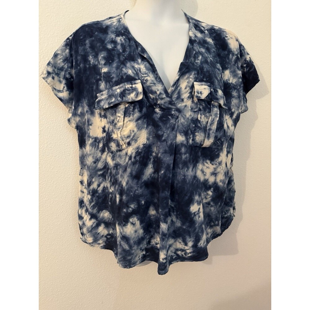 Caffe Marrakesh Blouse Blue White Tie Dye Short Sleeve Top Rayon L Popover Boho
